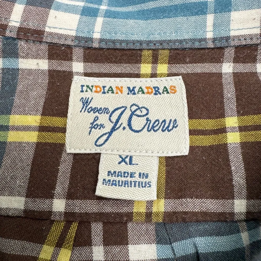 J.Crew Indian Madras Button Down Shirt Mens XL Blue Brown Plaid Cotton Casual